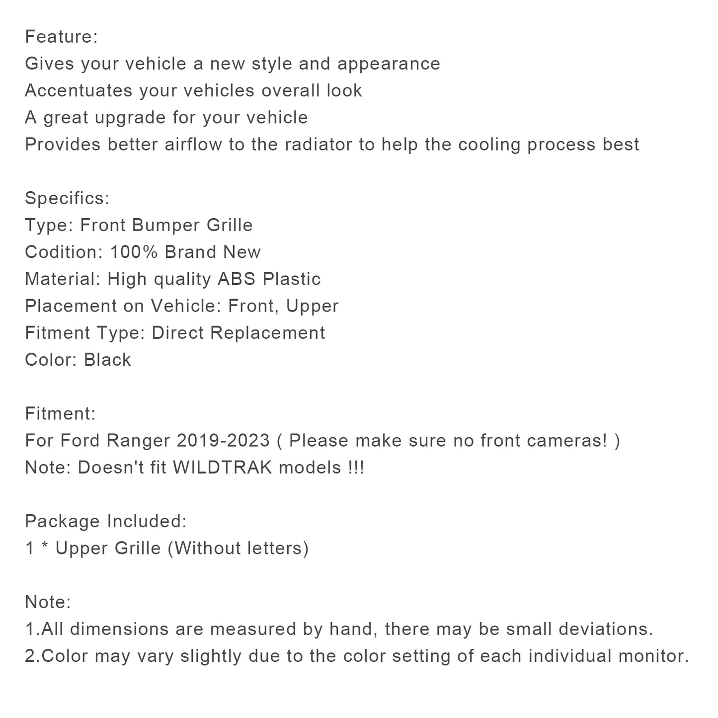 Ford Ranger Front Grille, Black, 2019-2023