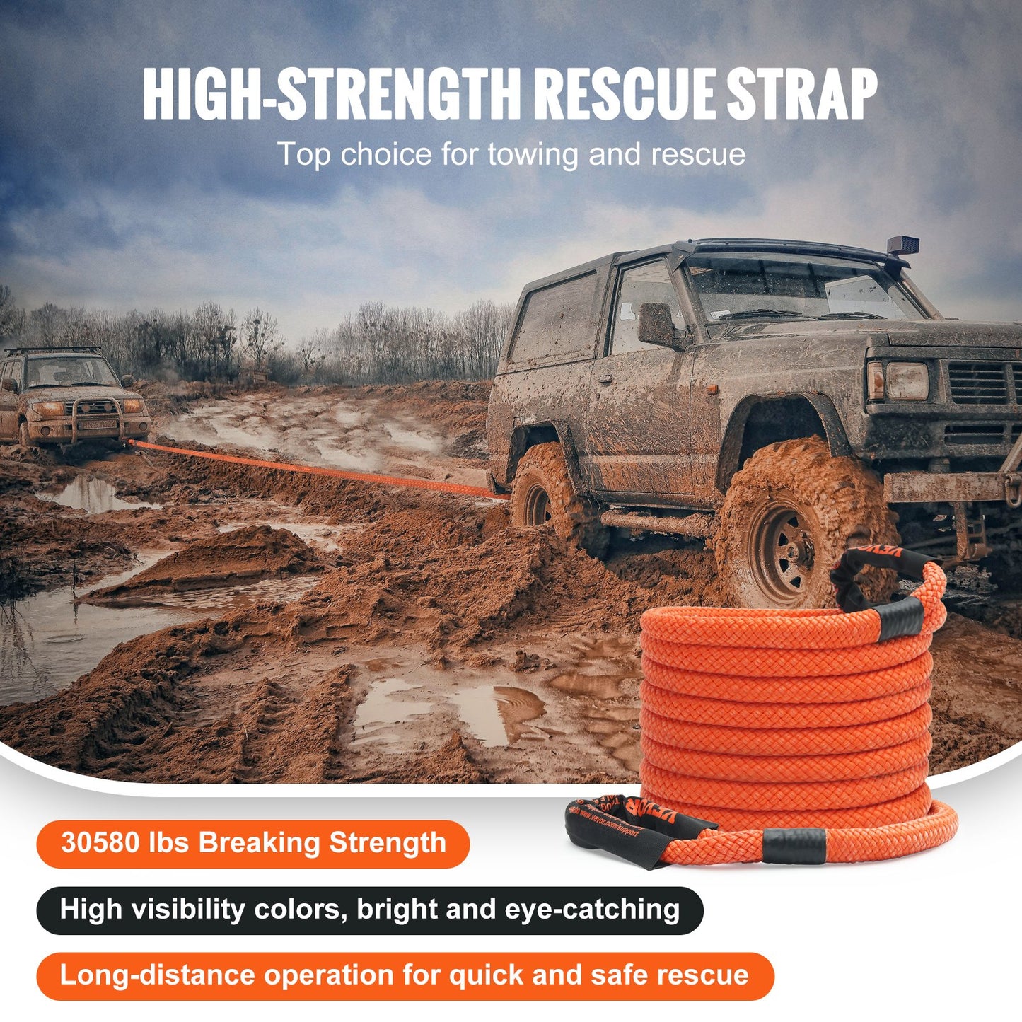 Kinetic Recovery Rope - 7/8" x 30ft, 30,580lb + Soft Shackles